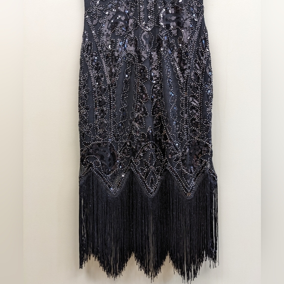 Black Beaded Sequined Halloween Flapper Dress with Fringe Size Medium - Picture 7 of 12